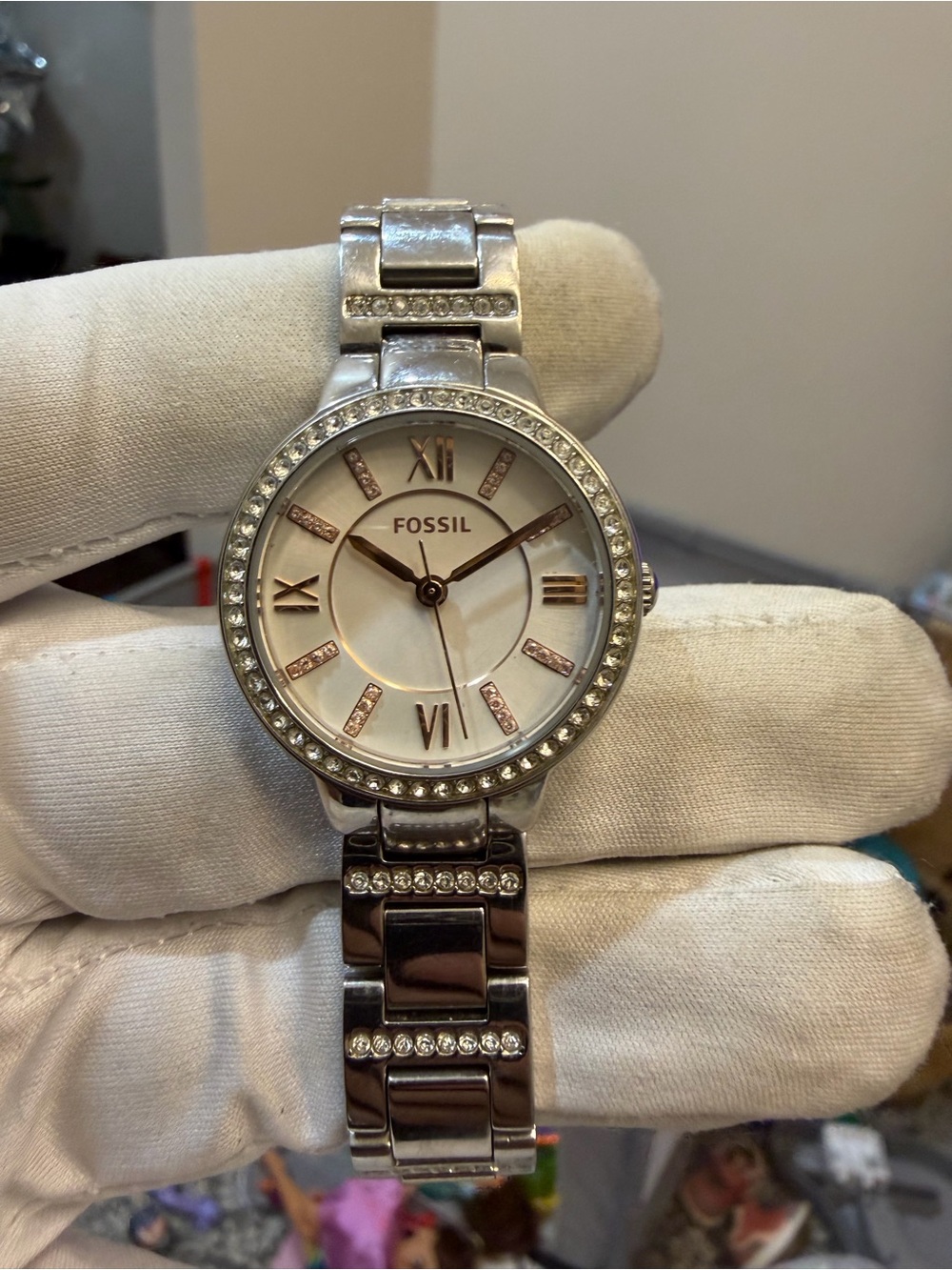 Fossil Virginia ES3741 Womens Silver Stainless Steel Glitz Analog Watch 30mm